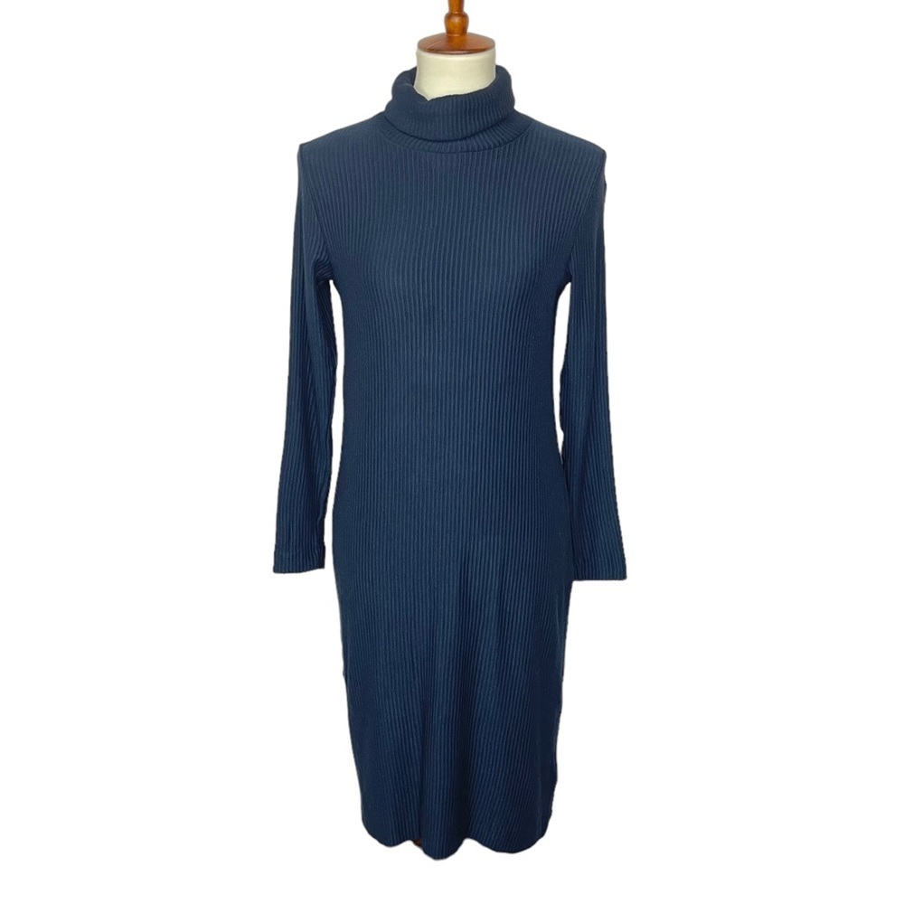 Club Monaco Dress Womens Small Navy Blue Long Sleeve Turtleneck Ribbed‎ Viscose